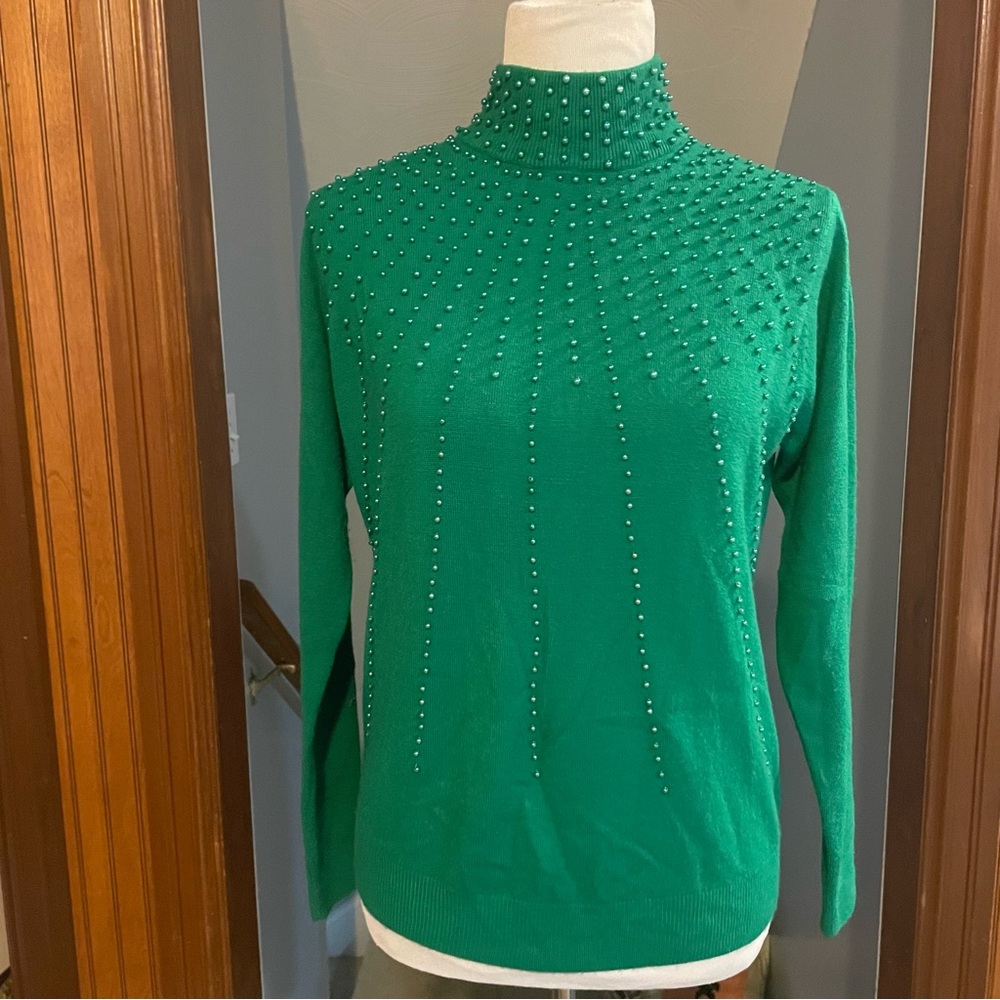 VTG BFA Classics Green Sweater Beaded Acrylic Long Sleeve Size Petite Small